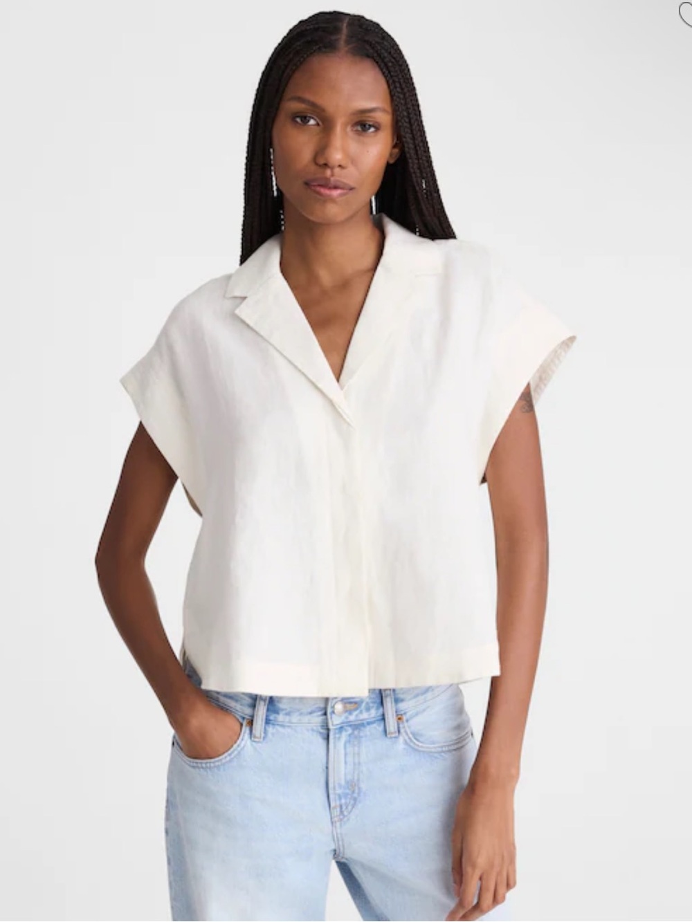 Madewell Ivory Short-Sleeve Linen Camp Collar Blouse